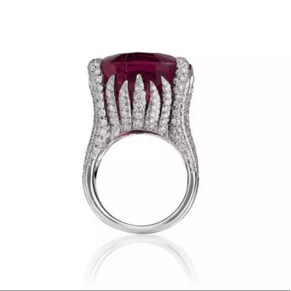 New Vintage Silver Geometric Big Stone Red Zircon Ring for Women - Picture 2 of 4